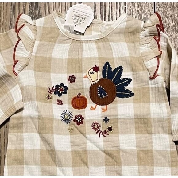 Mud Pie Thanksgiving turkey fall romper jumpsuit 6-9m NWT applique gingham - Picture 2 of 5